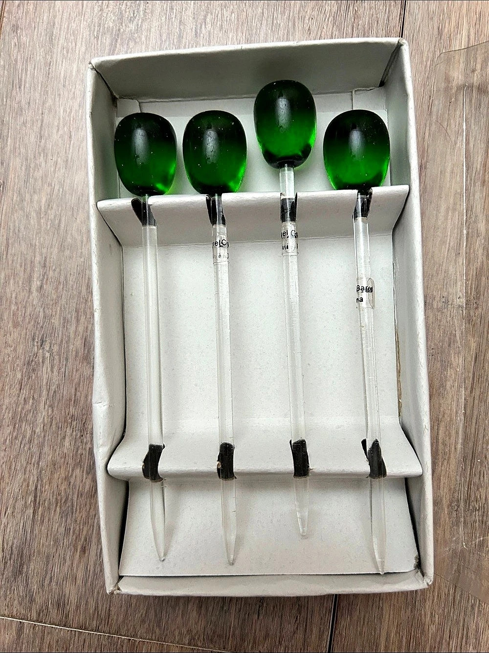Crate & Barrel Olive Pick Boxed Set/4 Green barware glass decor